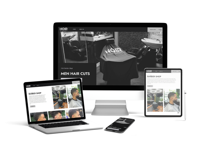 Noir Barber Shop website shown on desktop, laptop, tablet and phone