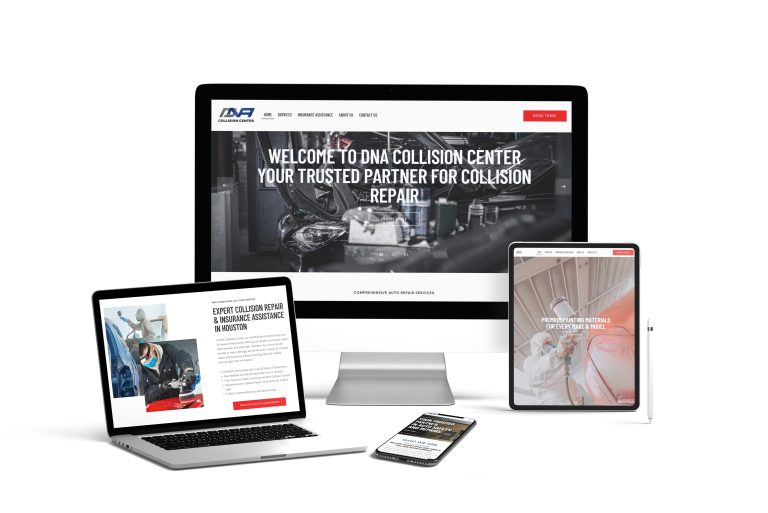 DNA Collision Center website shown on desktop, laptop, tablet and phone