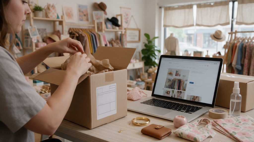 Boutique owner packing online store orders next to a laptop