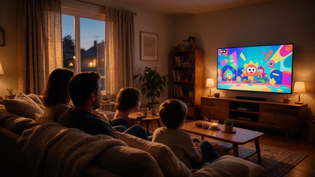 Family watching YouTube on a smart TV in their living room