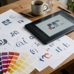 Graphic design desk with logo sketches, color swatches and a drawing tablet