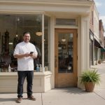 Local business owner standing outside his storefront holding a phone